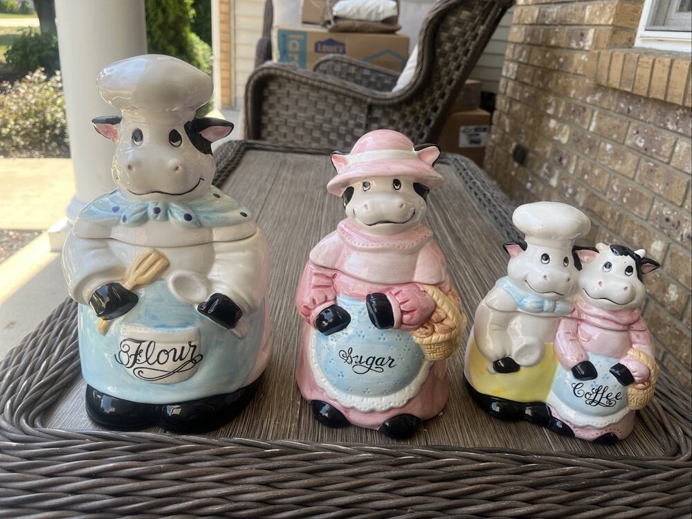 Vgte Country Cow Ceramic Canister Set Flour Sugar Coffee Farmhouse Kitchen Rare